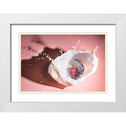 Strawberry fall into the milk trap White Modern Wood Framed Art Print with Double Matting by Qian Guo, Grace