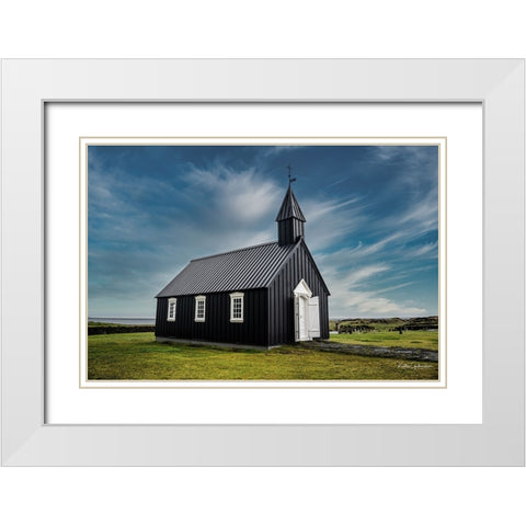 Black Church In Iceland White Modern Wood Framed Art Print with Double Matting by Gudmundsson, Kristvin