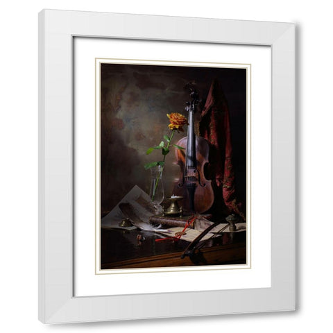 Still Life With Violin And Rose White Modern Wood Framed Art Print with Double Matting by Morozov, Andrey