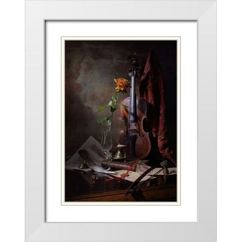 Still Life With Violin And Rose White Modern Wood Framed Art Print with Double Matting by Morozov, Andrey