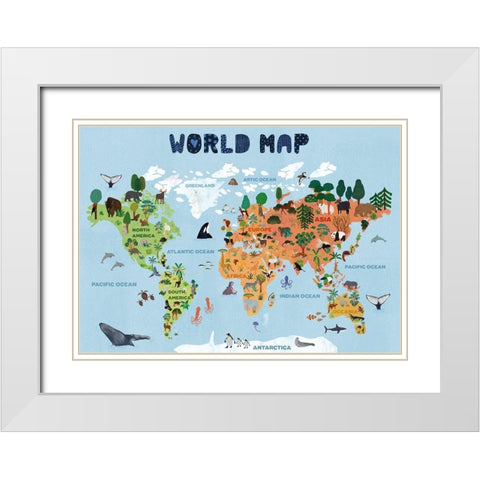 World map for kids White Modern Wood Framed Art Print with Double Matting by Jotadejai