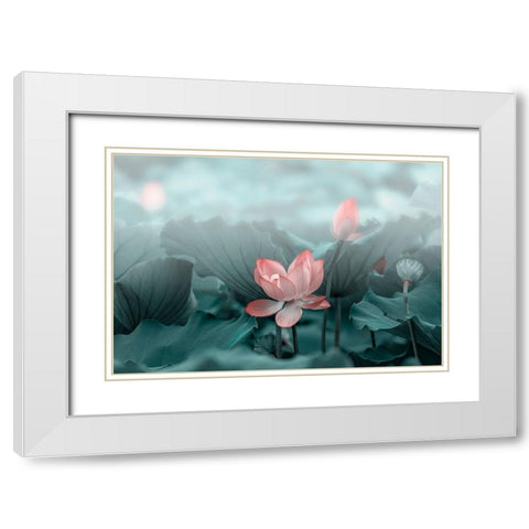Lotus Flower and Bud White Modern Wood Framed Art Print with Double Matting by Liu, Betty