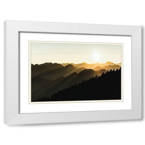 Sunset sun rays over the mountains White Modern Wood Framed Art Print with Double Matting by Yamada, Tomomi