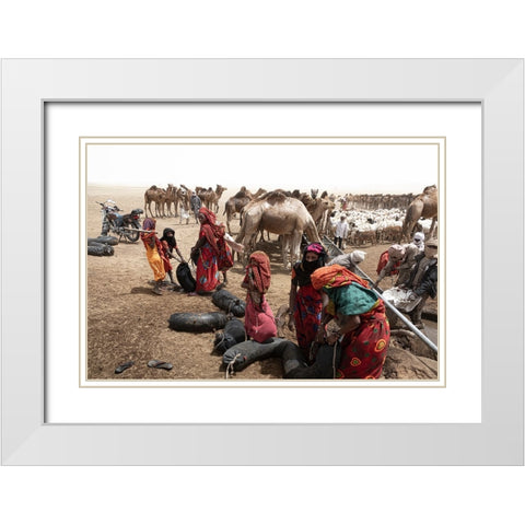 So Much ActIVity Around The Well At Borkou Desert-Tchad White Modern Wood Framed Art Print with Double Matting by Molina, Elena