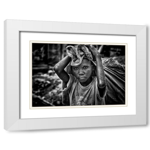Child Working On Construction In The Streets Of Juba - South Sudan White Modern Wood Framed Art Print with Double Matting by Inazio Kuesta, Joxe
