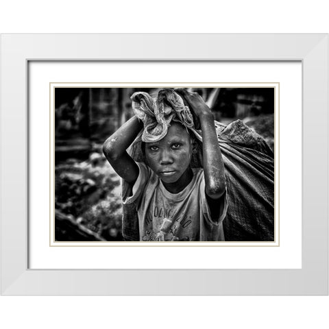 Child Working On Construction In The Streets Of Juba - South Sudan White Modern Wood Framed Art Print with Double Matting by Inazio Kuesta, Joxe