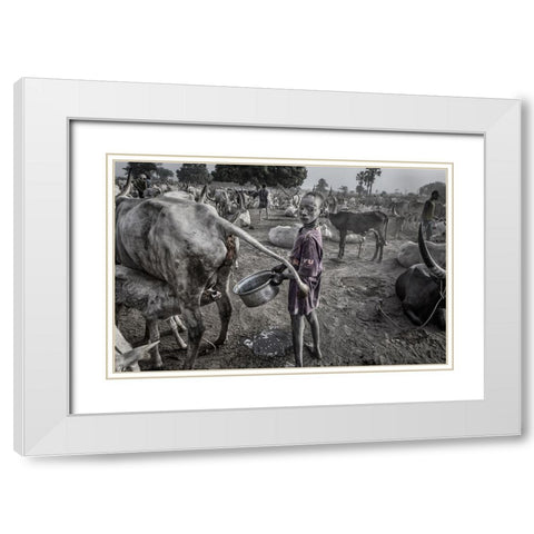 Mundari Child Filling The Container With Cow Urine - South Sudan White Modern Wood Framed Art Print with Double Matting by Inazio Kuesta, Joxe