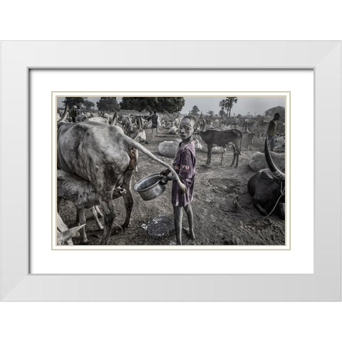 Mundari Child Filling The Container With Cow Urine - South Sudan White Modern Wood Framed Art Print with Double Matting by Inazio Kuesta, Joxe