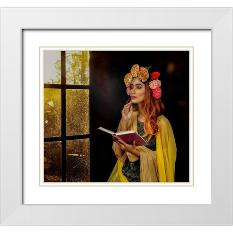 Lady By The Window White Modern Wood Framed Art Print with Double Matting by Chattopadhyay, Debasish