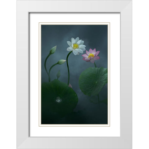 Lotus White Modern Wood Framed Art Print with Double Matting by Ye, Ningyun