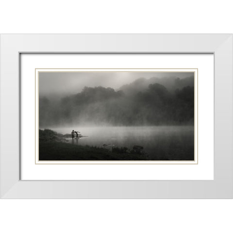 Misty RIVer White Modern Wood Framed Art Print with Double Matting by Zeng, Kenneth