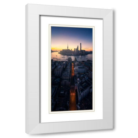 Shanghai Sunrise White Modern Wood Framed Art Print with Double Matting by Tan, Jasper