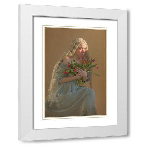 Lady With Flowers White Modern Wood Framed Art Print with Double Matting by Durisova, Michaela