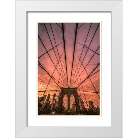 Brooklyn Bridge Sunset White Modern Wood Framed Art Print with Double Matting by R. Veizaga, Christopher