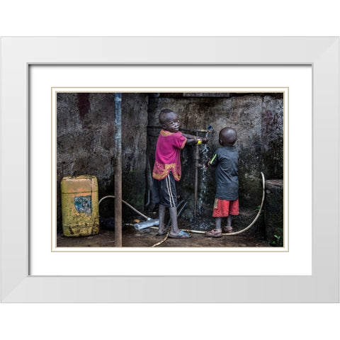 Surmi Tribe Children Cleaning Their Hands Before Starting To Eat - Ethiopia White Modern Wood Framed Art Print with Double Matting by Inazio Kuesta, Joxe