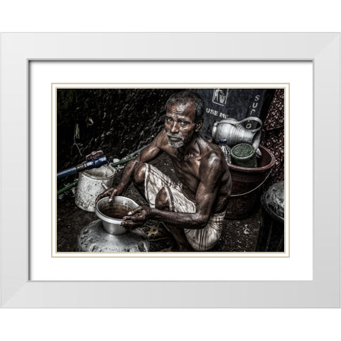 Man Filling A Pitcher With Water In The Streets Of Bangladesh. White Modern Wood Framed Art Print with Double Matting by Inazio Kuesta, Joxe