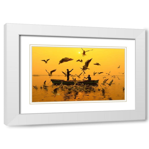 Feeding Birds White Modern Wood Framed Art Print with Double Matting by Chakraborty, Debopam