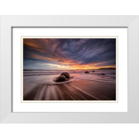 Moeraki Boulders White Modern Wood Framed Art Print with Double Matting by Zhen Yu, James