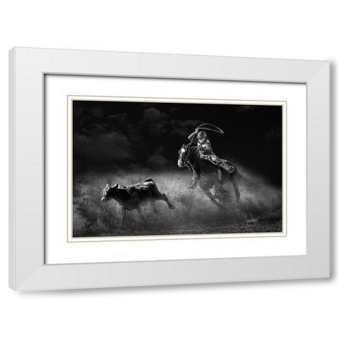Tie Down Roping Calf White Modern Wood Framed Art Print with Double Matting by Thwaits, Yun