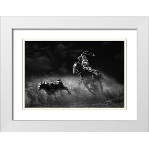 Tie Down Roping Calf White Modern Wood Framed Art Print with Double Matting by Thwaits, Yun