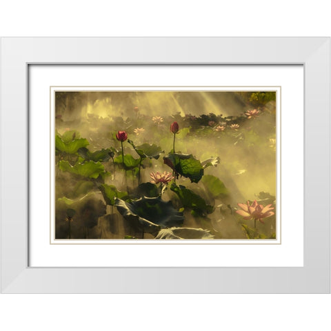 Summer lotus White Modern Wood Framed Art Print with Double Matting by Shi, Mei