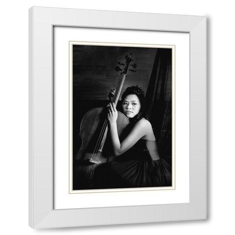 Female cellist White Modern Wood Framed Art Print with Double Matting by Yamamoto, Eiji