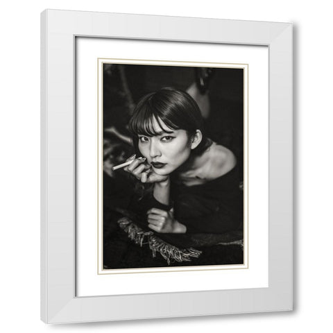 RESTS HER CHIN IN HER HAND White Modern Wood Framed Art Print with Double Matting by Iino, Ken-Ichi