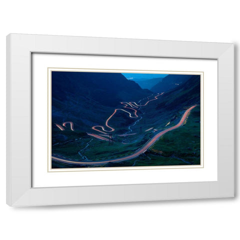 Light Trails On The Highest Mountain Road In Romania-Fagaras Mountains White Modern Wood Framed Art Print with Double Matting by Oprea, Vio