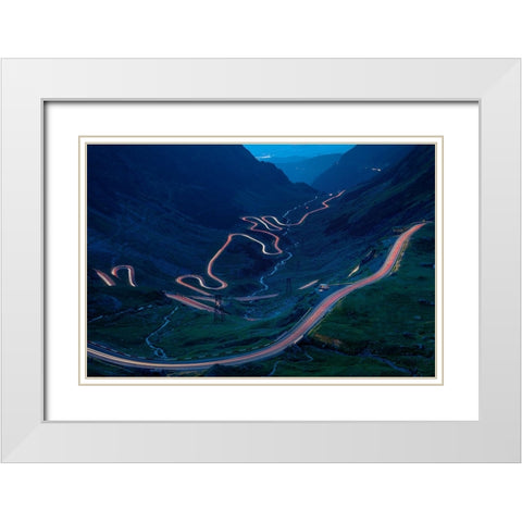 Light Trails On The Highest Mountain Road In Romania-Fagaras Mountains White Modern Wood Framed Art Print with Double Matting by Oprea, Vio
