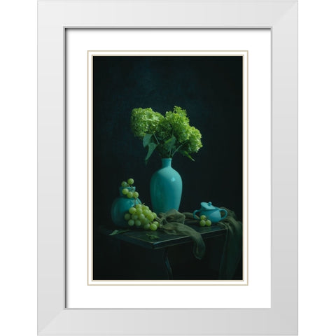 Green Hydrangea And Grape White Modern Wood Framed Art Print with Double Matting by Jacobs, Lydia