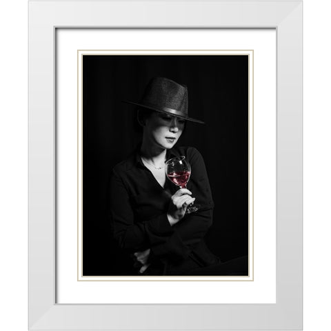 Woman And Wine White Modern Wood Framed Art Print with Double Matting by Wang, Jeff