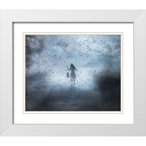 Girl And Bird White Modern Wood Framed Art Print with Double Matting by Lammakmak