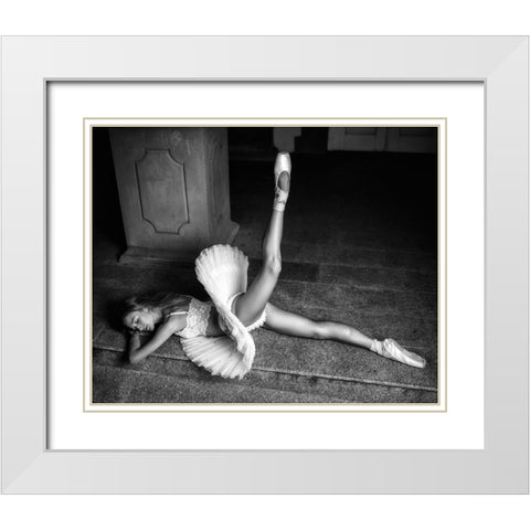 Ballerina Lying On The Stairs Bw White Modern Wood Framed Art Print with Double Matting by Nanev, Vasil