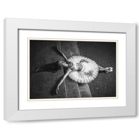 Ballerina Lying On The Stairs 2 Bw White Modern Wood Framed Art Print with Double Matting by Nanev, Vasil