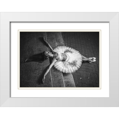 Ballerina Lying On The Stairs 2 Bw White Modern Wood Framed Art Print with Double Matting by Nanev, Vasil
