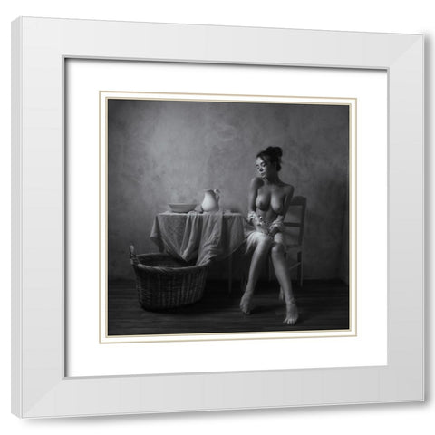 Sitting By The Table White Modern Wood Framed Art Print with Double Matting by Franke, Ruth