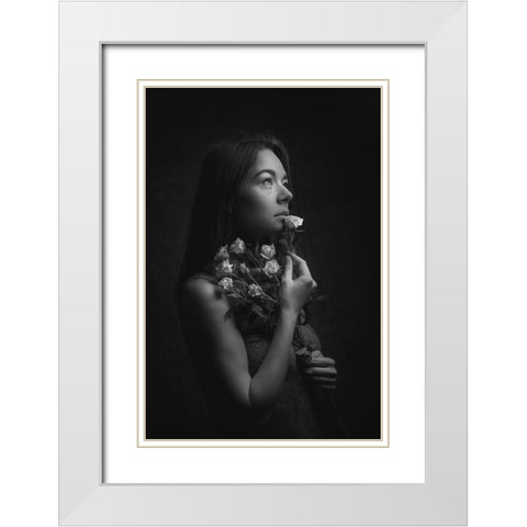 Roses White Modern Wood Framed Art Print with Double Matting by Franke, Ruth