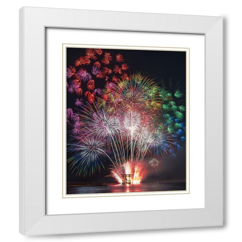 TorII Gate On The Water And VIVid Flowers White Modern Wood Framed Art Print with Double Matting by Matsubara, Hiroki