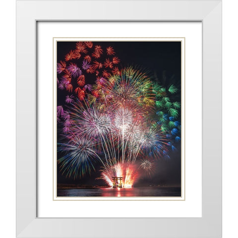 TorII Gate On The Water And VIVid Flowers White Modern Wood Framed Art Print with Double Matting by Matsubara, Hiroki