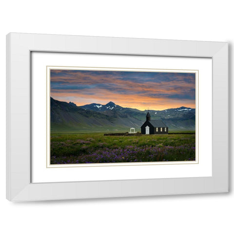 Baoadakirkja - Summer Sunrise White Modern Wood Framed Art Print with Double Matting by Kovar, Petr