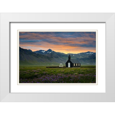 Baoadakirkja - Summer Sunrise White Modern Wood Framed Art Print with Double Matting by Kovar, Petr