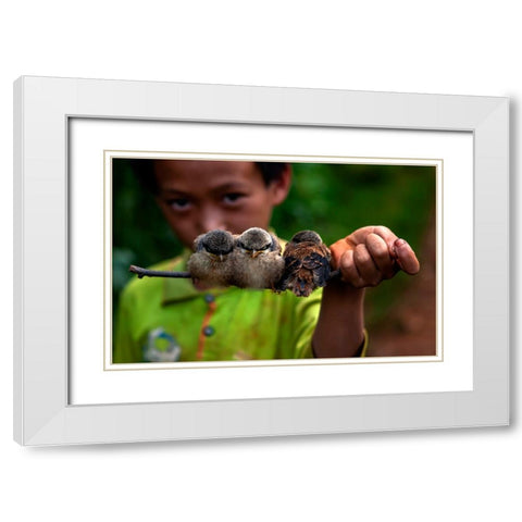 Child And Bird White Modern Wood Framed Art Print with Double Matting by Nie, Yibing