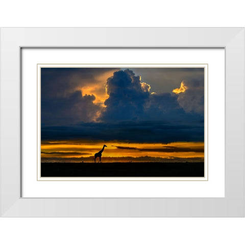 Giraffe At Sunset White Modern Wood Framed Art Print with Double Matting by Ortega, Xavier