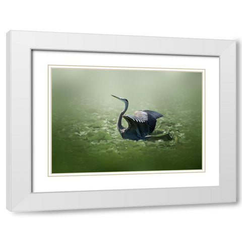 blue heron in a green dream White Modern Wood Framed Art Print with Double Matting by Chen, Jennifer