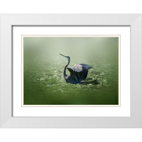 blue heron in a green dream White Modern Wood Framed Art Print with Double Matting by Chen, Jennifer