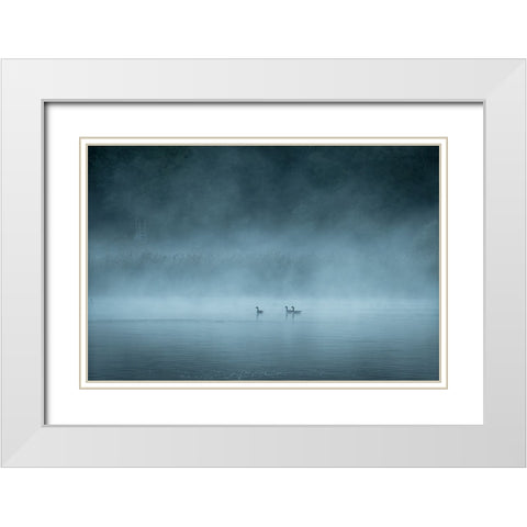 Dark And Foggy Lake White Modern Wood Framed Art Print with Double Matting by Lindsten, Christian