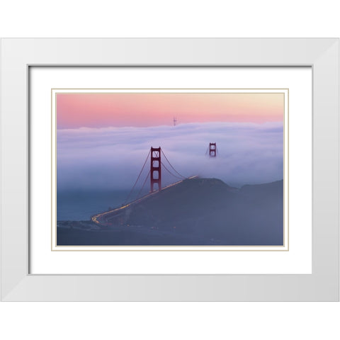 Sunset At Golden Gate Bridge White Modern Wood Framed Art Print with Double Matting by Donnahom