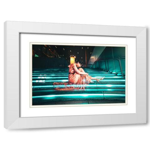 Blue-Green Glowing Stairway White Modern Wood Framed Art Print with Double Matting by Iino, Ken-Ichi