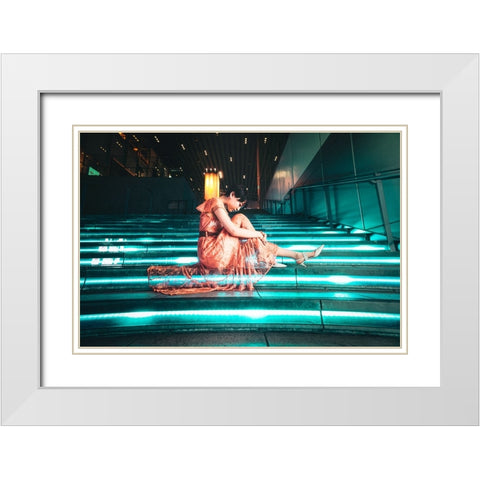 Blue-Green Glowing Stairway White Modern Wood Framed Art Print with Double Matting by Iino, Ken-Ichi
