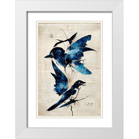 Blue Birds White Modern Wood Framed Art Print with Double Matting by Treechild